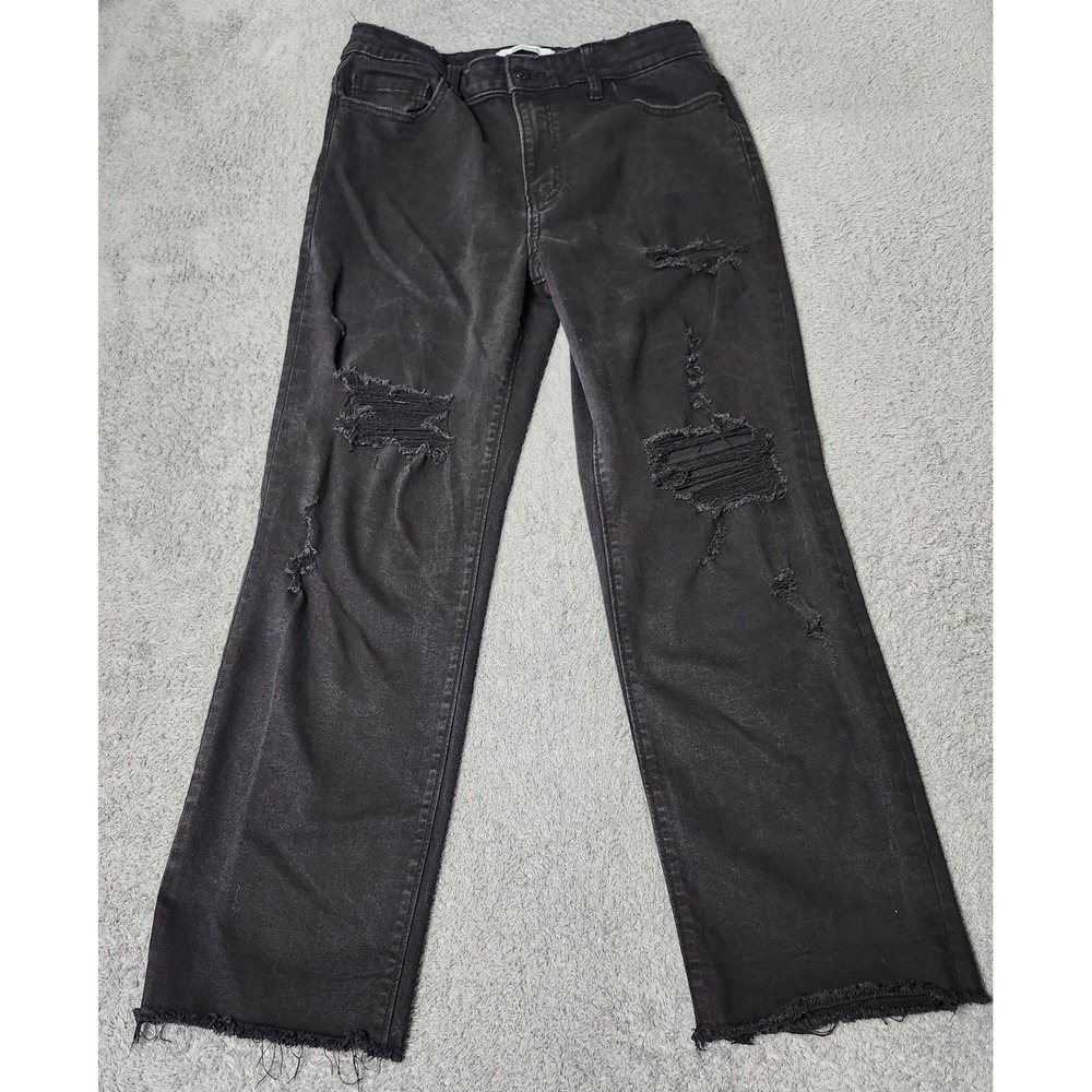 Zenana Womens 30 Distressed Straight Leg Jeans Black Raw Hem DOP-1577BB